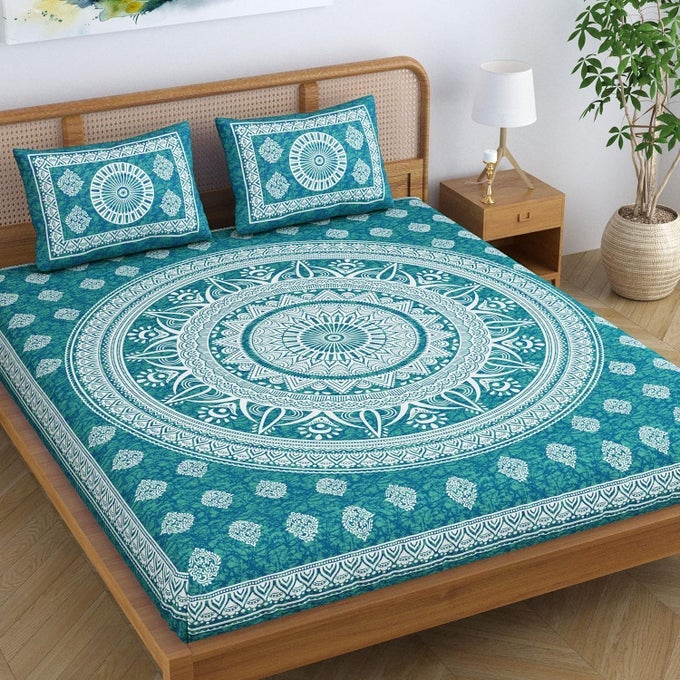 COTTON BLEND MANDALA PRINTED JAIPURI BATIK BEDSHEET FOR DOUBLE BED KING SIZE WITH 2 PILLOW COVERS SEA GREEN