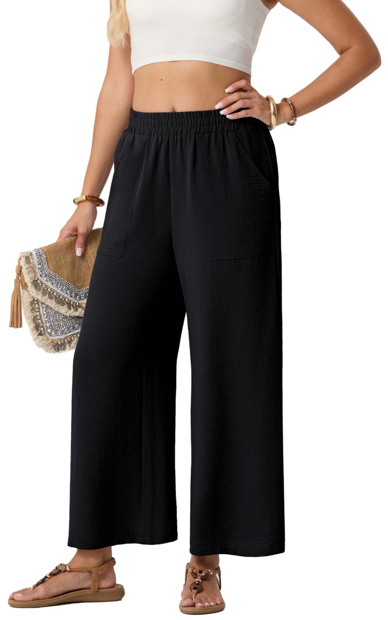 GRECERELLE Black Linen Pants Women Wide Leg Palazzo Pants for Women Black-L Versatile Everyday Essential Trousers for Casual Travel Date Night Effortless Style - Image 2