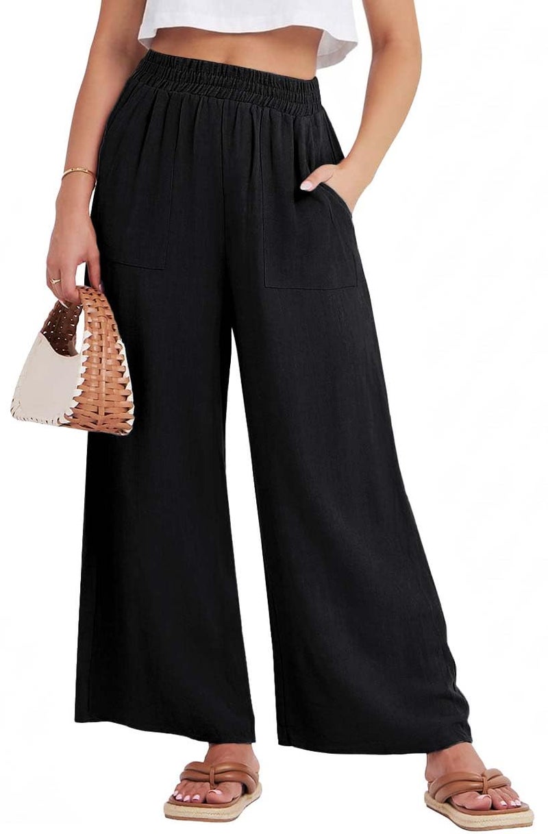 GRECERELLE Black Linen Pants Women Wide Leg Palazzo Pants for Women Black-L Versatile Everyday Essential Trousers for Casual Travel Date Night Effortless Style - Image 1