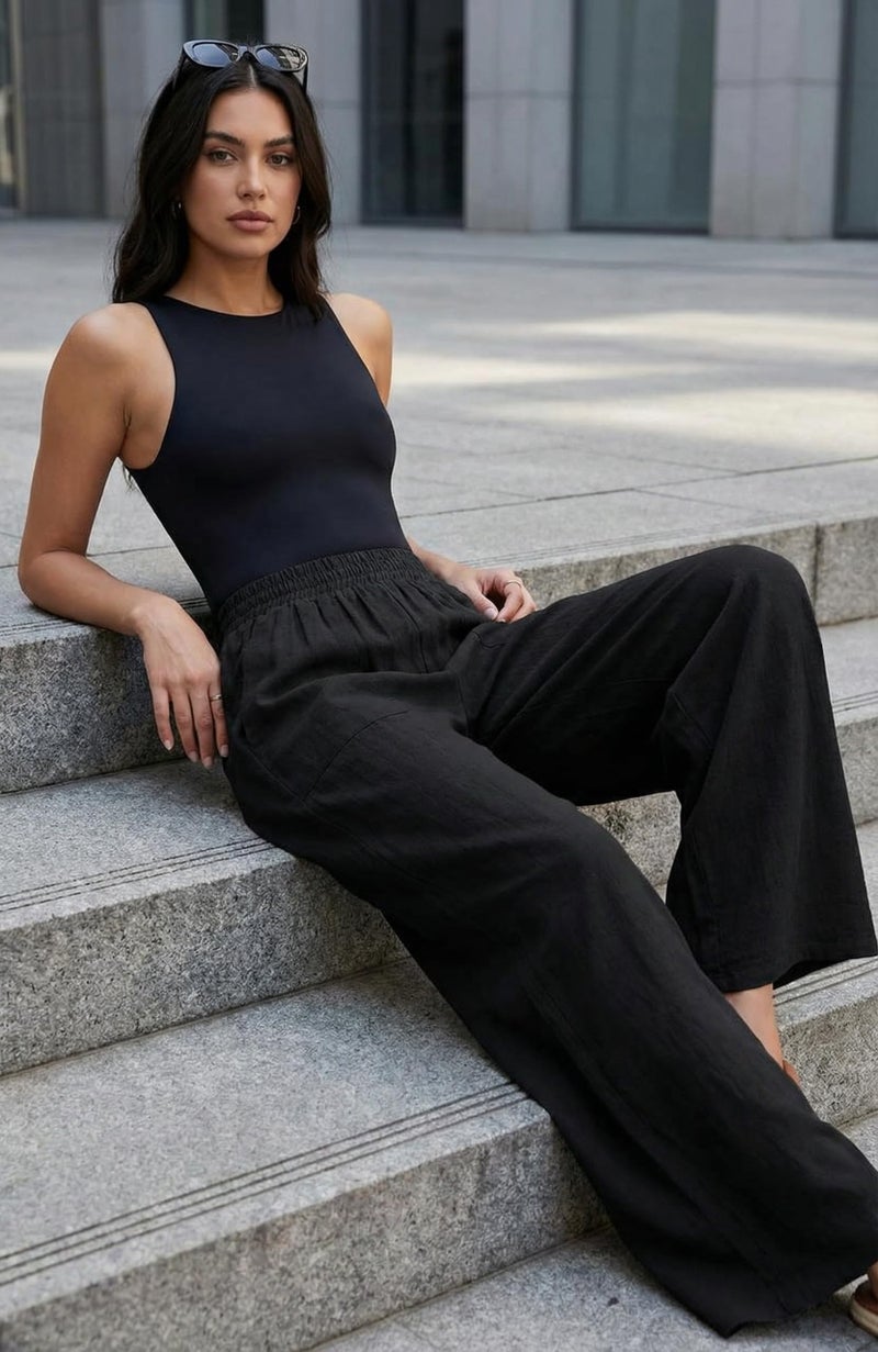 GRECERELLE Black Linen Pants Women Wide Leg Palazzo Pants for Women Black-L Versatile Everyday Essential Trousers for Casual Travel Date Night Effortless Style - Image 4