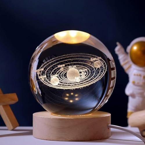 CPENSUS 3D Galaxy Crystal Ball Night Lamp,Solar System, USB Table Colorful LED Wooden Crystal Ball for Home Decoration Birthday Gift for Teens Boys and Girls (Solar System) - Image 1