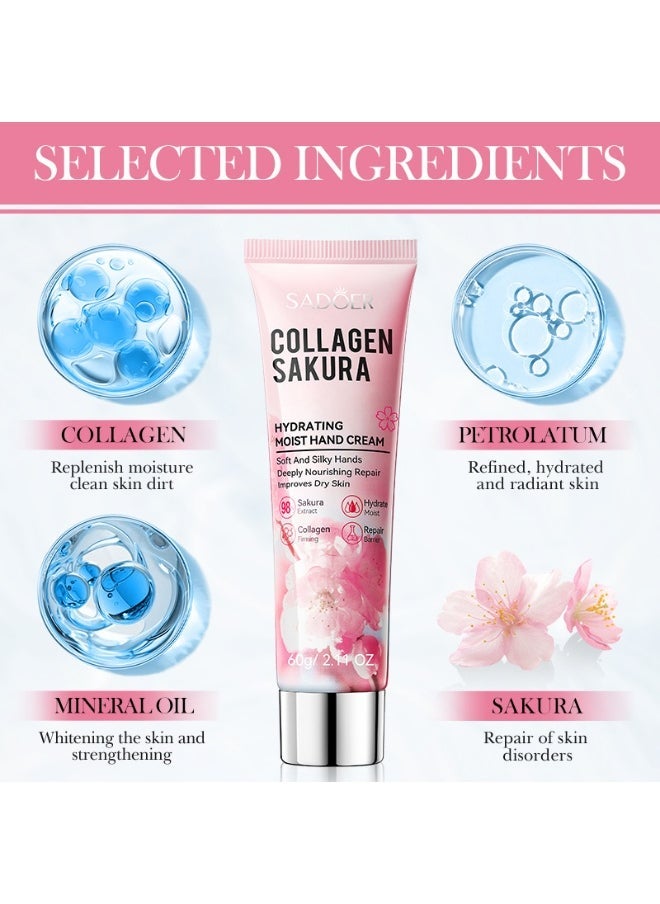 SADOER Sakura Collagen Hand Cream,Fast Absorbing Anti Ageing Hand Cream, Hydrates And Moisturizes The Skin Of Hands, Removes Wrinkles And Dullness 60g - Image 3