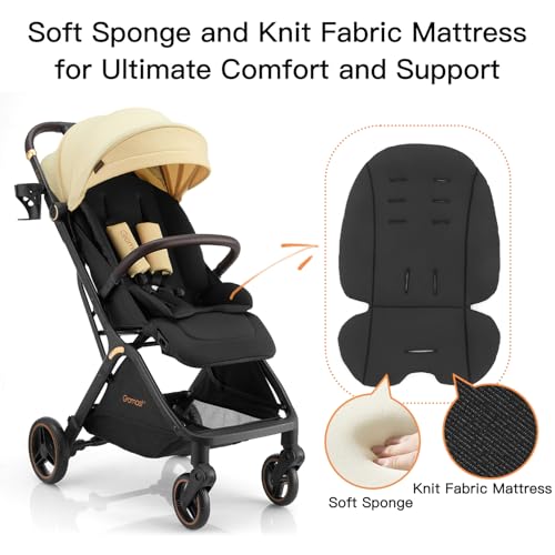 Gromast Gravity Folding Baby Stroller - Portable Travel Toddler Stroller w/Adjustable Backrest, Canopy & Cup Holder, Lightweight and UV Protected, One-Hand Automatic Folding - Beige - Image 3