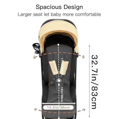 Gromast Gravity Folding Baby Stroller - Portable Travel Toddler Stroller w/Adjustable Backrest, Canopy & Cup Holder, Lightweight and UV Protected, One-Hand Automatic Folding - Beige - Image 5
