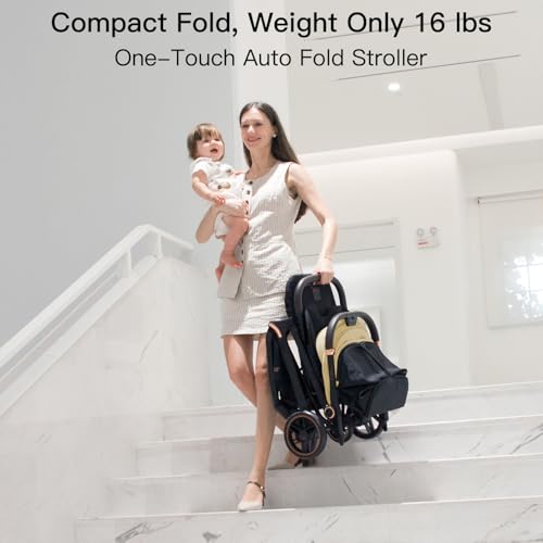 Gromast Gravity Folding Baby Stroller - Portable Travel Toddler Stroller w/Adjustable Backrest, Canopy & Cup Holder, Lightweight and UV Protected, One-Hand Automatic Folding - Beige - Image 4