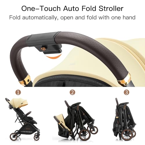 Gromast Gravity Folding Baby Stroller - Portable Travel Toddler Stroller w/Adjustable Backrest, Canopy & Cup Holder, Lightweight and UV Protected, One-Hand Automatic Folding - Beige - Image 2