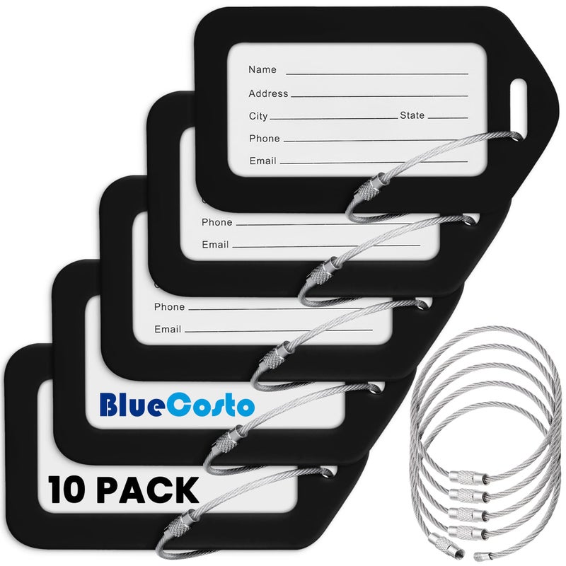 BlueCosto - Luggage Tags - Black, 10 Pack - Suitcase Tags with Name ID Card & Heavy-Duty Metal Wire Loops - Bright Colored PVC Identifiers for Travel Baggage - Backpack Name Labels - Image 1