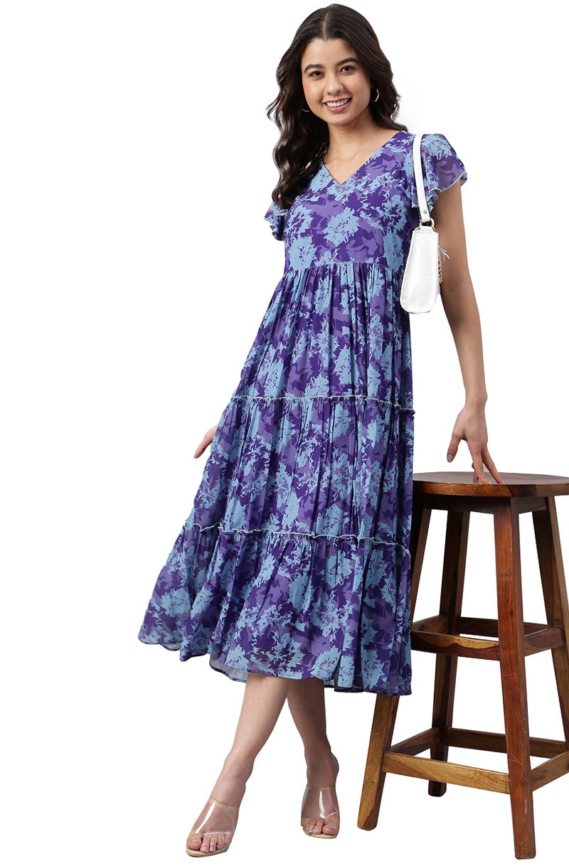 Janasya Women's Blue Georgette Printed Flared Western Dress(J0431-DR-J-S) - Image 1