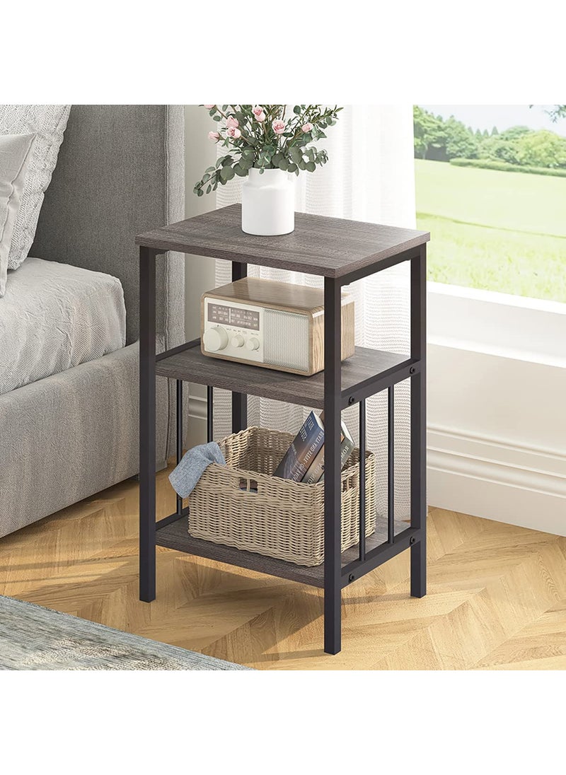 INDIAN DECOR INDIAN DECOR 48139 Modern End Table with Storage Shelf Metal Side Table for Living Room Industrial Minimalist Nightstand 3 Tier Tall Bedside Table for Small Spaces Black 