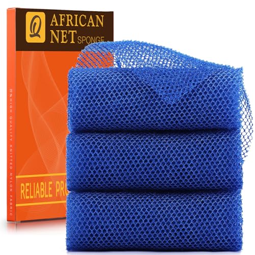 UJFQBH 3 Pieces African Bath Sponge African Net Long Net Bath Sponge Exfoliating Shower Body Scrubber Back Scrubber Skin Smoother,Great for Daily Use (Blue) - Image 1