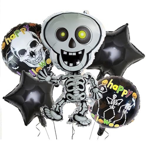Pop The Party Halloween Skeleton & Ghost Foil Balloons – Black & White Spooky Decorations for Trick or Treat, Haunted House, and Halloween Party Supplies(Pack of 5) - Image 1