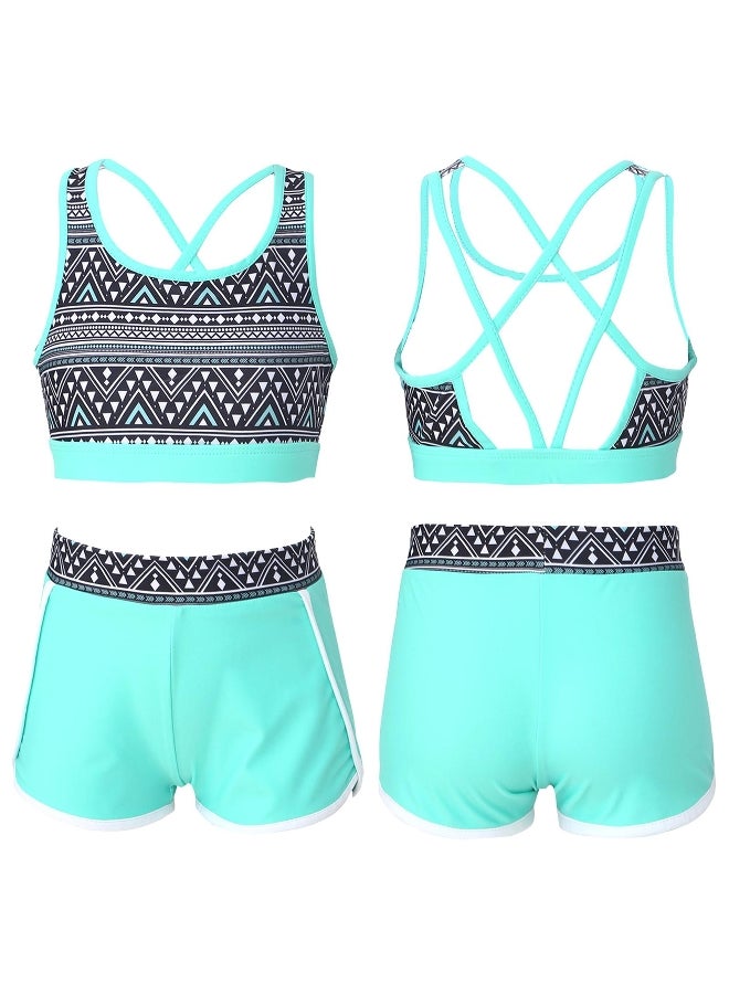 2Pcs Kids Girls Printed Swimsuit Outfit U Neck Strappy Back Crop Top with Boyshorts Shorts Bottoms Set Swimsuit for Beach Pool Swimming Bathing Suit