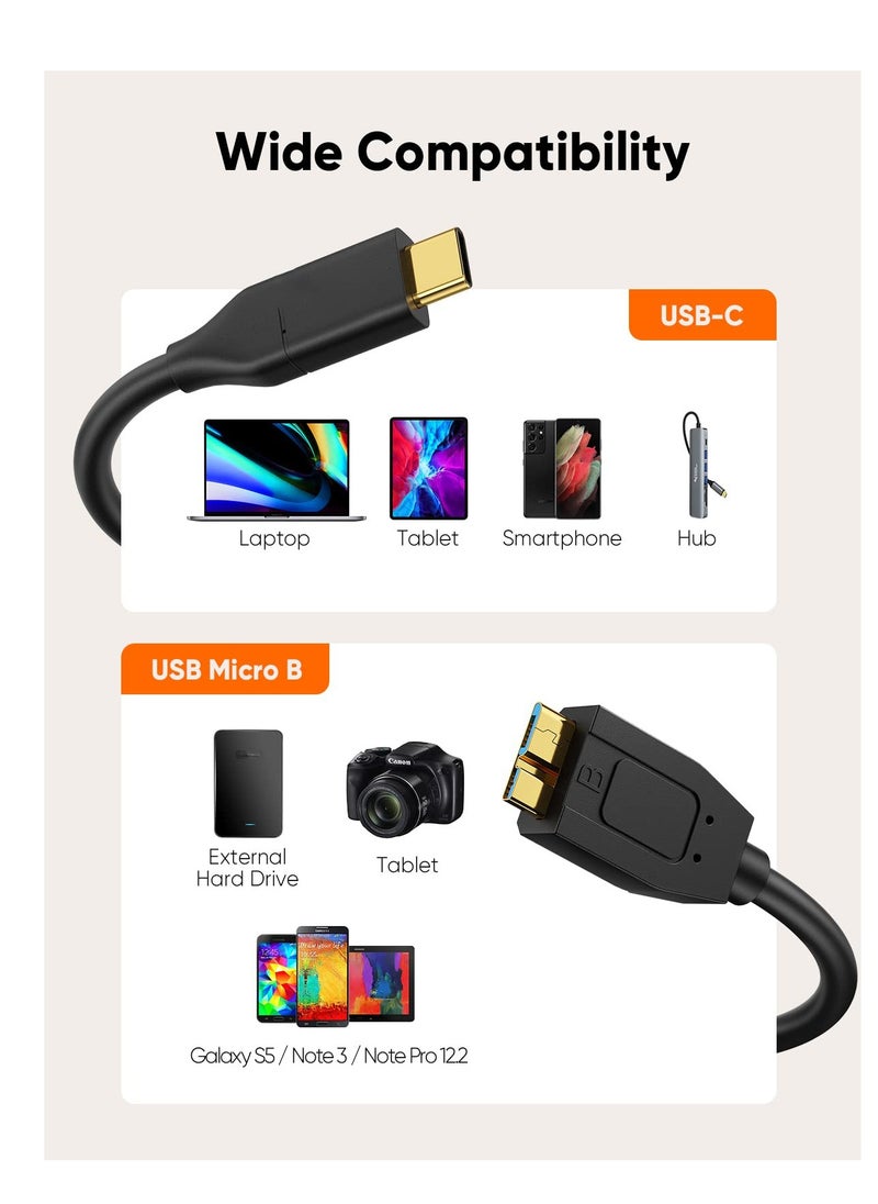 USB C Hard Drive Cable 2FT, 10Gbps Data Transfer Speed, USB C to Micro B Male Cable, Compatible with iPhone 15 Plus/15 Pro Max, Seagate, WD My Passport, External Hard Drive Black