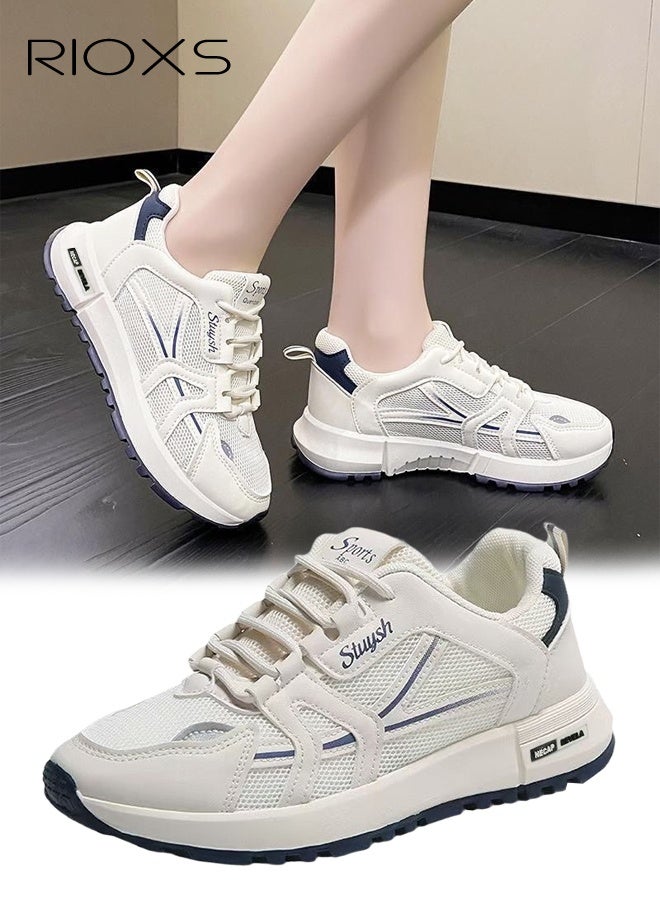 RIOXS Women's Athlesiure Shoes, Breathable Mesh Running Shoes, Anti-slip Womens Trainers, Anti-slip Lightweight Walking Shoes for Women, Athletic Sneaker for Ladies, Comfy Training Shoes for Workout Gym Hiking, Stylish Sneakers Pair with Casual Outfits Sportswear Jeans, White Blue Tennis Shoe - Image 1