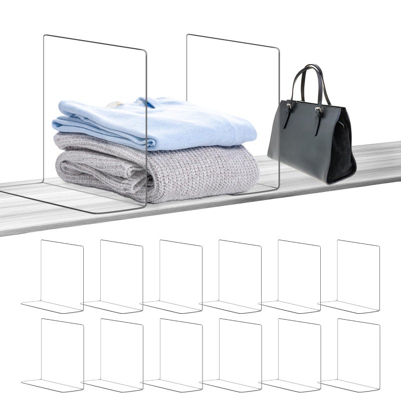 OKPOW Shelf Dividers for Closet Organization 12 Pack Durable Clear Acrylic Divider Organizer for Shelves  Vertical Adjustable Shelving Separators for Clothing Purse