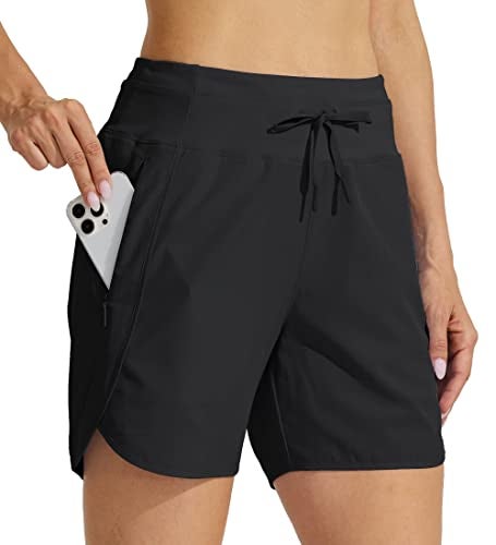 Willit Women's Athletic Running Shorts 5" Quick Dry Workout Hiking High Waisted Active Gym Exercise Zipper Pocket Black M - Image 1