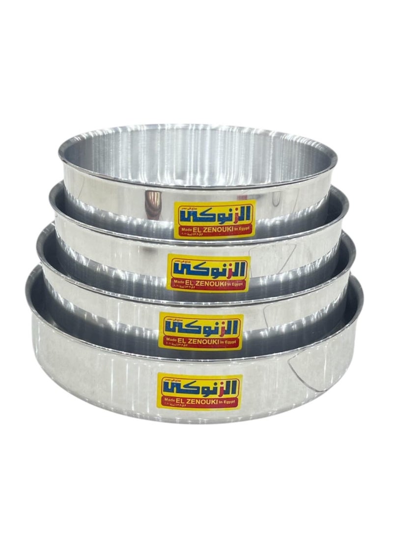 الزنوكى طقم صواني فرن دائرية 4 قطع من ماركة الزنوكي، مقاسات (24-26-28-30)، سماكة عالية لتوزيع حراري مثالي، مثالية للخبز والبيتزا. متين بجودة صناعة مصرية.  - Image 1