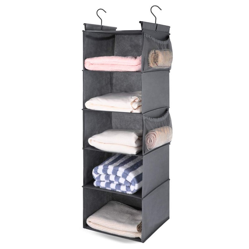 MAX Houser 5 Shelf Hanging Closet Organizer Space Saver Cloth Hanging Shelves with 4 Side Pockets Foldable Grey