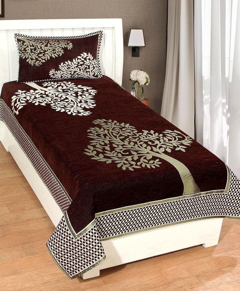 Fresh From Loom Chenille Floral 500 TC Heavy Bedsheet for Single Bed Size 60 x 90 inch Coffee Color with 1 Pillow Cover