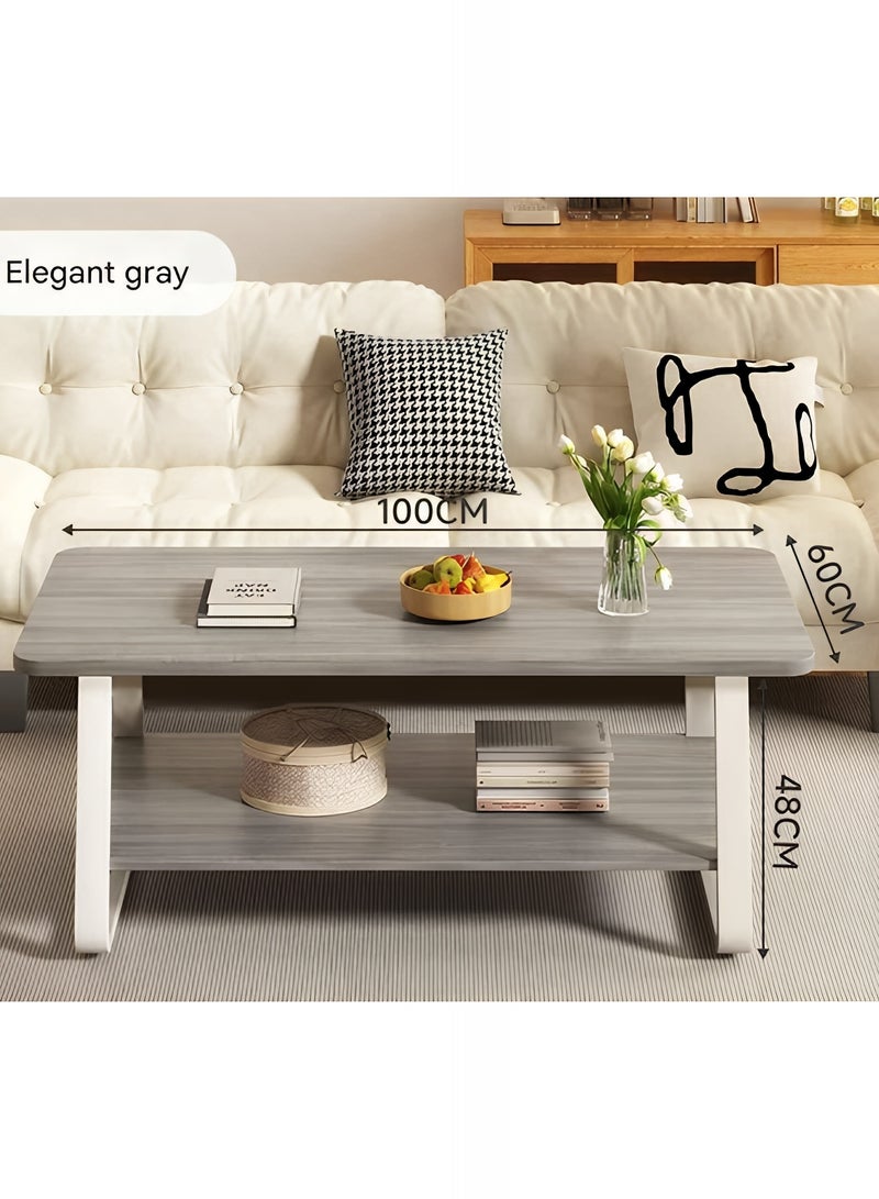 تايمي طاولة قهوة خشبية مع مساحة تخزين من طبقتين وأرجل معدنية، طاولة مركزية بتصميم عصري لغرفة المعيشة والمكتب، مقاس 100×60×48 سم - رمادي - Image 2