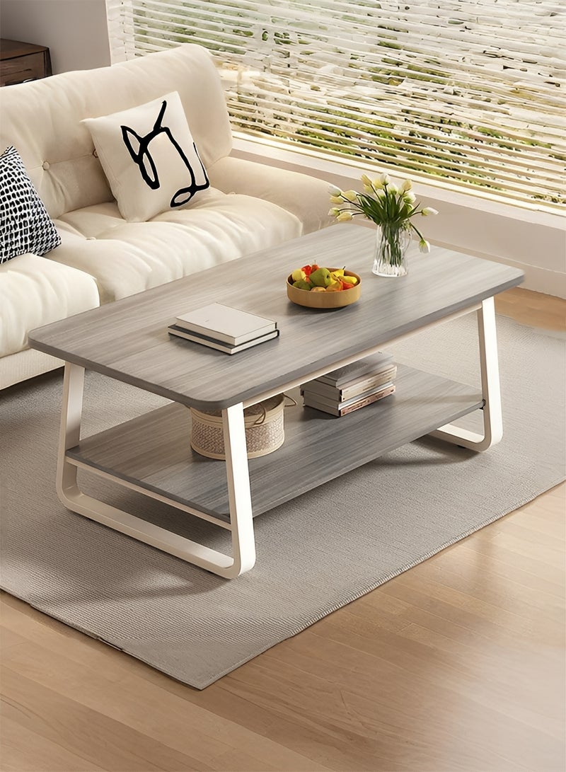 تايمي طاولة قهوة خشبية مع مساحة تخزين من طبقتين وأرجل معدنية، طاولة مركزية بتصميم عصري لغرفة المعيشة والمكتب، مقاس 100×60×48 سم - رمادي - Image 1