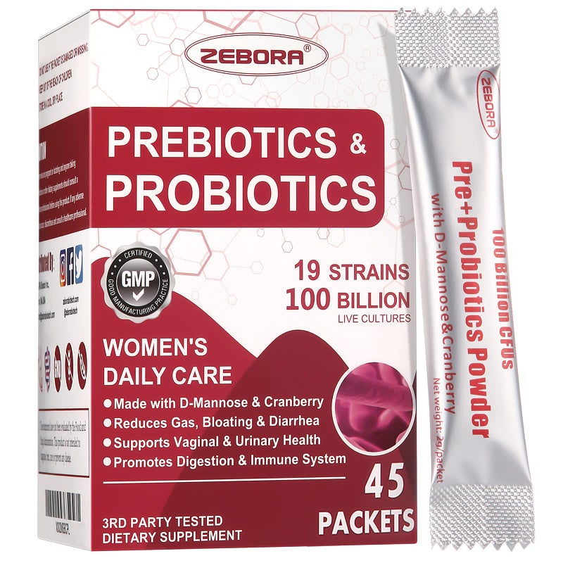 ZEBORA ProbioticsforWomen 100BillionCFUs with Prebiotics DMannose Cranberry for Digestive Immune Feminine UT Health Support Ultimate Probiotic Womens Care Soy Gluten Free 45 Packets