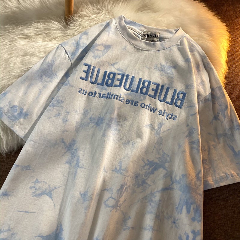 New Tie-Dyed Embroidered T-Shirt Gentle Personalized Age-Reducing Student Loose Internet Celebrity Same Style Ins Lazy Style Casual Top - Image 3