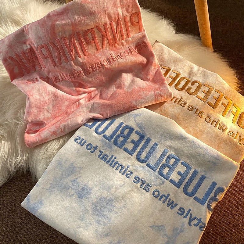 New Tie-Dyed Embroidered T-Shirt Gentle Personalized Age-Reducing Student Loose Internet Celebrity Same Style Ins Lazy Style Casual Top - Image 2