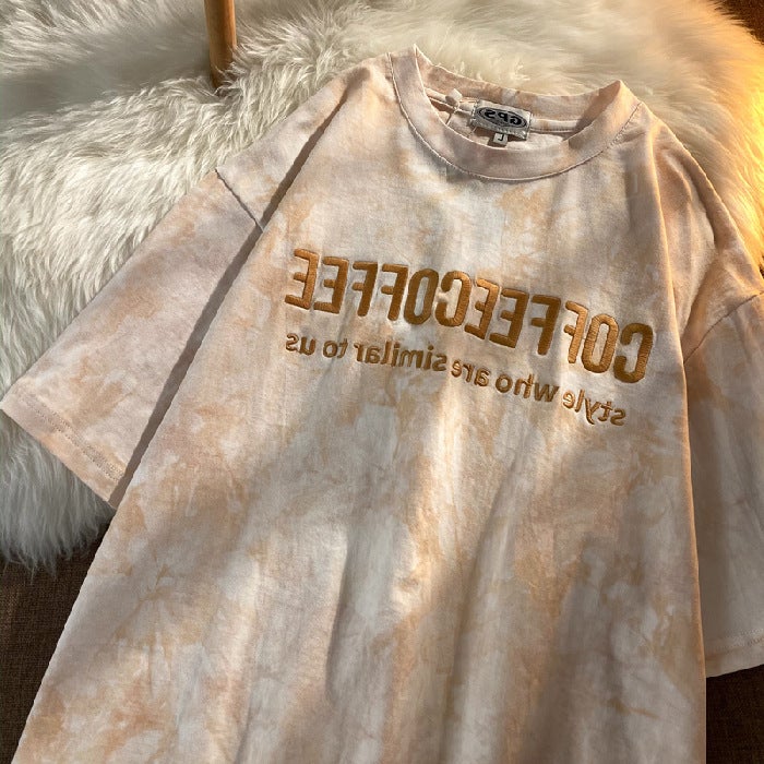 New Tie-Dyed Embroidered T-Shirt Gentle Personalized Age-Reducing Student Loose Internet Celebrity Same Style Ins Lazy Style Casual Top - Image 1