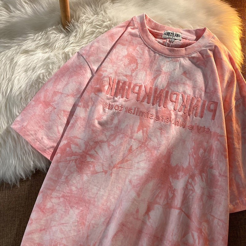 New Tie-Dyed Embroidered T-Shirt Gentle Personalized Age-Reducing Student Loose Internet Celebrity Same Style Ins Lazy Style Casual Top - Image 5