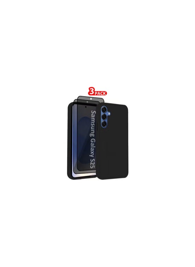 CATANES Galaxy S25 3Packs Case Silicone with Stand Function Finger Grip Case Cover with 2 Shock Proof Screen Protectors / Black - Image 1