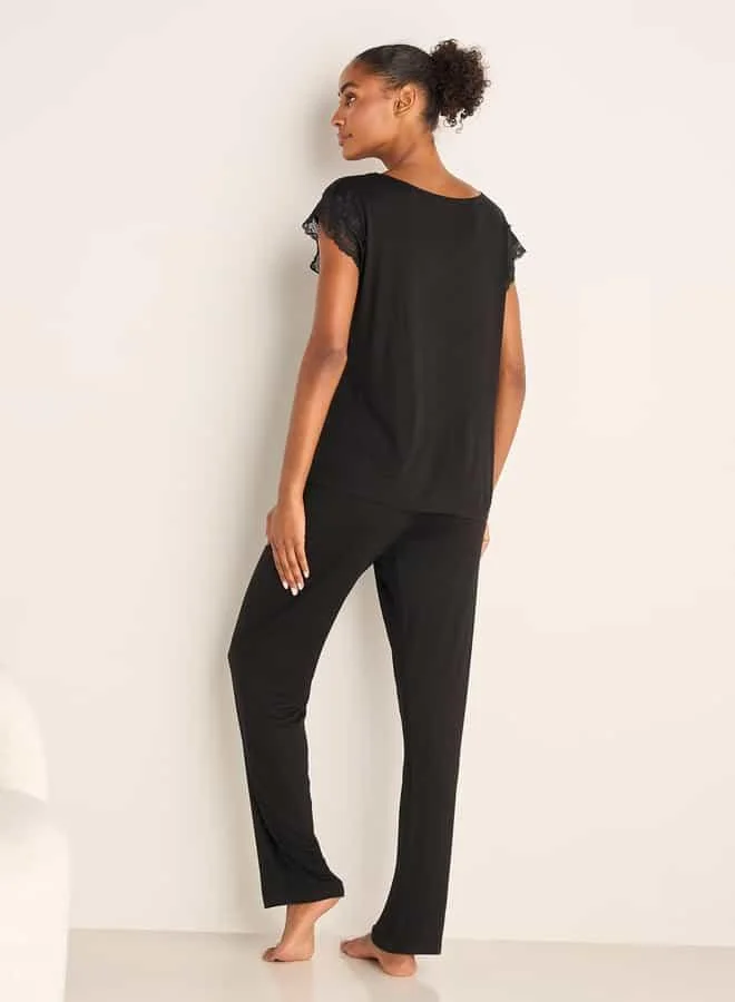 Splash FAV Lace Trim T-shirt and Elasticated Pyjama Set