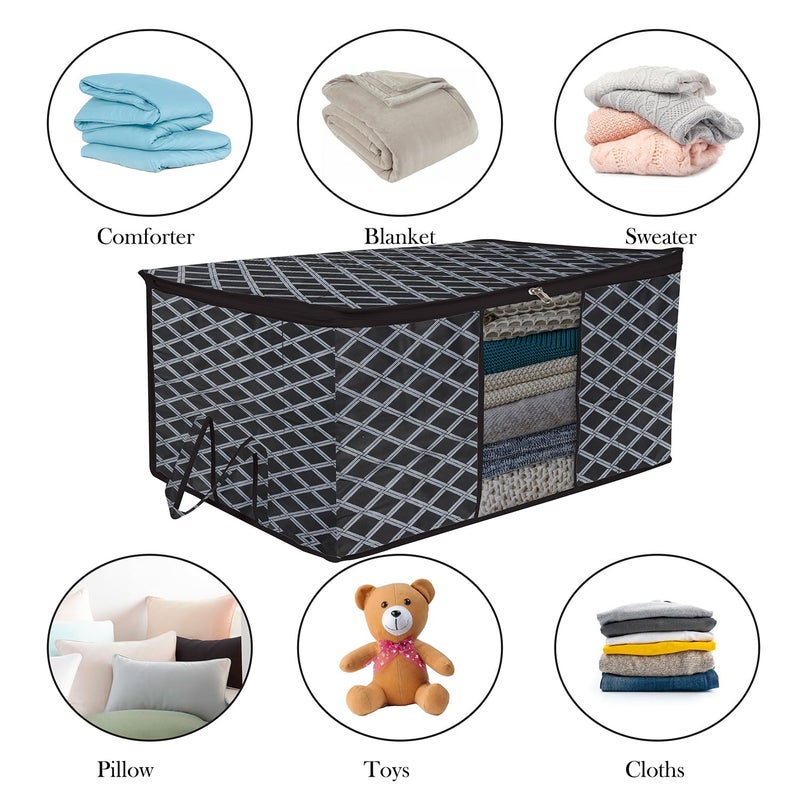 Kuber Industries Kuber Industries Underbed Storage Bag CheckDesign Blanket Cover with Clear Window Zipper Closure Handle Cloth Organizer Large Pack of 2 Black - Image 5