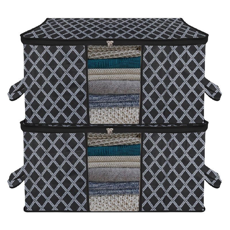 Kuber Industries Kuber Industries Underbed Storage Bag CheckDesign Blanket Cover with Clear Window Zipper Closure Handle Cloth Organizer Large Pack of 2 Black - Image 1