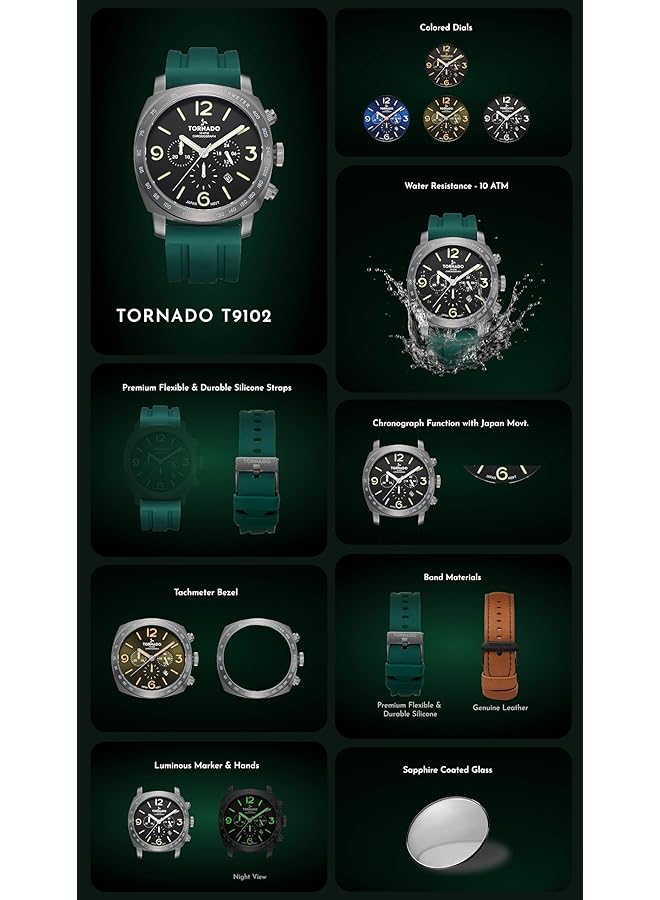 تورنيدو ساعة رجالية يابانية بحركة كوارتز وشاشة كرونوغراف وحزام سيليكون T9102 Ssnn باللون الأزرق - Image 2