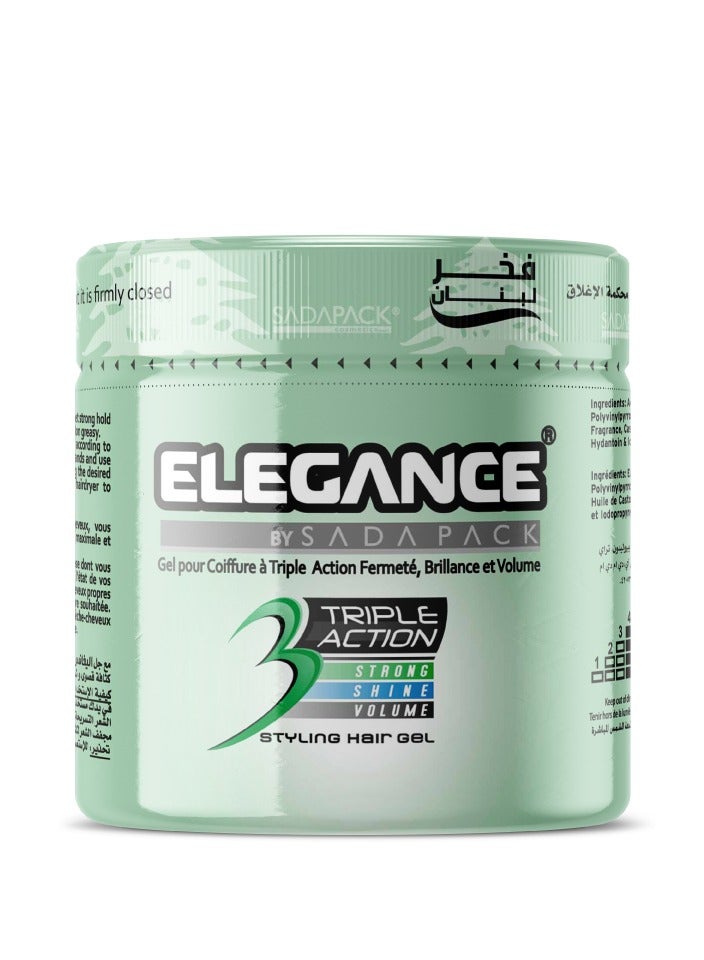 Elegance Triple Action Hair Gel - Green, 250ml | Strong Hold, Glossy Finish, Flexible Styling