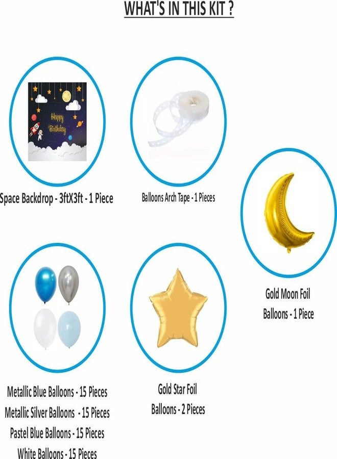 Untumble Space Theme Birthday Decoration Kit | 65 Pcs for Boys | 3x3 Ft Backdrop | Metallic & Pastel Balloons | Moon & Star Foil Balloons | Balloon Arch Strip | Astronaut Party Supplies - Image 2