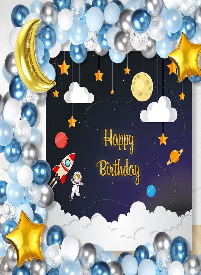 Untumble Space Theme Birthday Decoration Kit | 65 Pcs for Boys | 3x3 Ft Backdrop | Metallic & Pastel Balloons | Moon & Star Foil Balloons | Balloon Arch Strip | Astronaut Party Supplies - Image 1