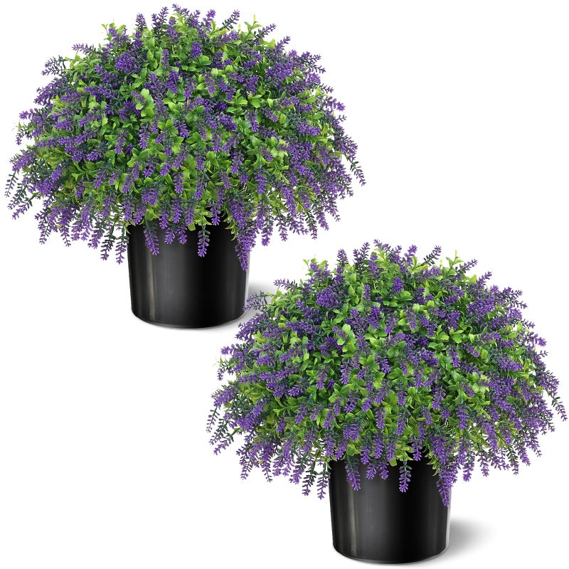 Juxdp Artificial Boxwood Topiary Ball with Lavender - Set of 2 for Front Porch Decoration,Fake Bushes Potted Plants Faux Greenery Tree UV Resistant for Outdoor Indoor Garden Farmhouse Home Decor (Purple) - Image 1