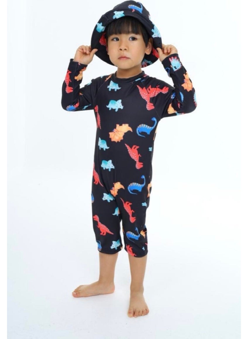 Podium Giyim - Podium Clothing New Trend Cute Baby Dinosaurs Patterned UV Protection Long Sleeve Hat Baby-Child Swimsuit Set - Image 1