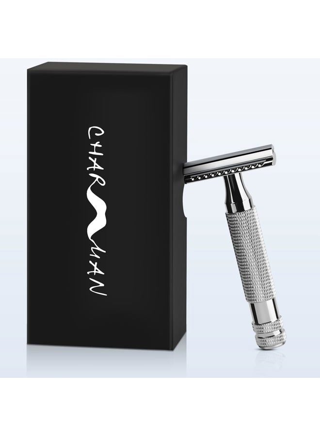 CHARMMAN Classic 3-piece Double Edge Safety Shaving Razor, 1 Razor + 10 pcs Super Stainless Blades + Travel Cover + Luxurious Packaging - Image 1