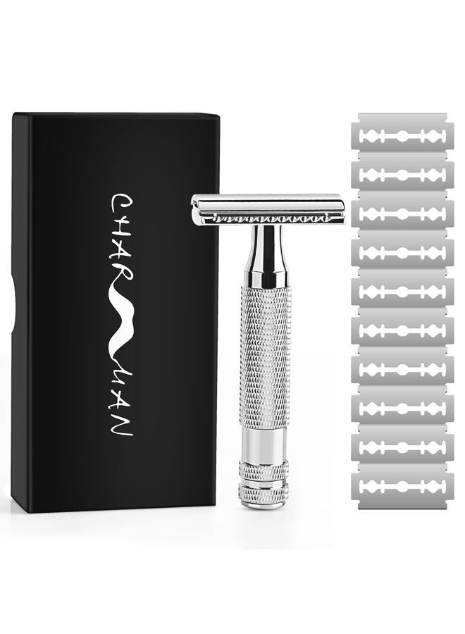 CHARMMAN Classic 3-piece Double Edge Safety Shaving Razor, 1 Razor + 10 pcs Super Stainless Blades + Travel Cover + Luxurious Packaging - Image 2