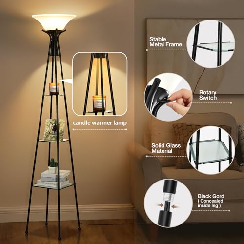 Luvkczc Floor Lamp with Shelves, 69” Tall Torchiere Floor Lamps for Living Room, 3-Tier Glass Shelf Lamp, Black Standing Lamp with Plastic Shade, Adjustable Color Temperatures (Bulb Include) - Image 2