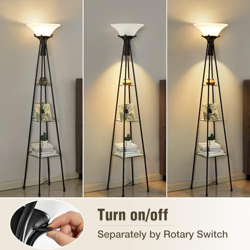 Luvkczc Floor Lamp with Shelves, 69” Tall Torchiere Floor Lamps for Living Room, 3-Tier Glass Shelf Lamp, Black Standing Lamp with Plastic Shade, Adjustable Color Temperatures (Bulb Include) - Image 4