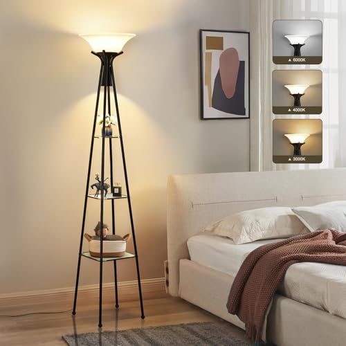 Luvkczc Floor Lamp with Shelves, 69” Tall Torchiere Floor Lamps for Living Room, 3-Tier Glass Shelf Lamp, Black Standing Lamp with Plastic Shade, Adjustable Color Temperatures (Bulb Include) - Image 1