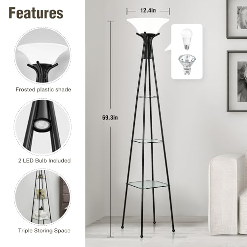 Luvkczc Floor Lamp with Shelves, 69” Tall Torchiere Floor Lamps for Living Room, 3-Tier Glass Shelf Lamp, Black Standing Lamp with Plastic Shade, Adjustable Color Temperatures (Bulb Include) - Image 3