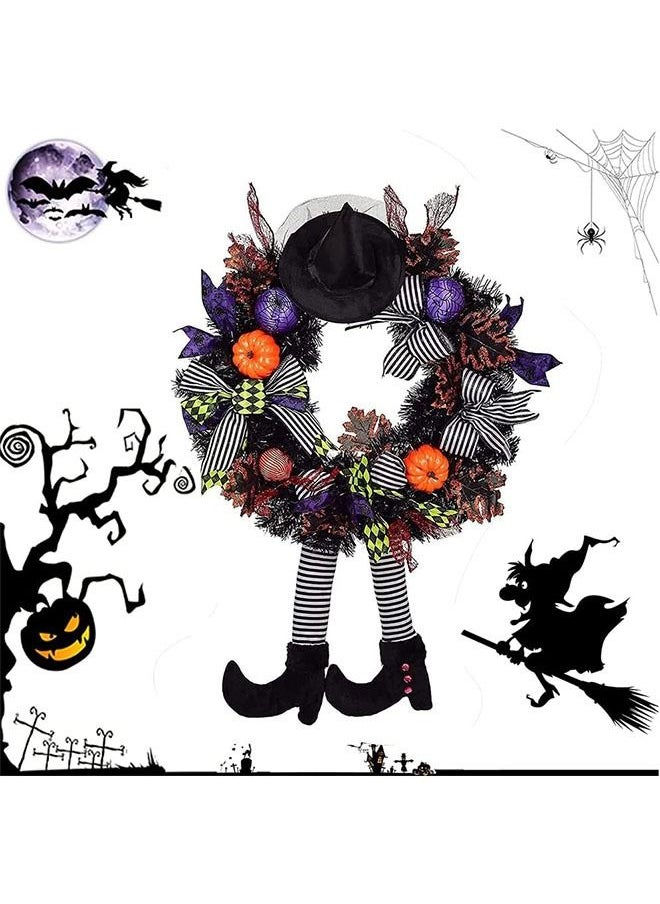 DMG TECH Halloween Door Wreath Decorations, Hocus Pocus Wreaths for Front Door, Witch Decor with Hat Legs Pumpkin Halloween Hanging Decor Skeleton Welcome Wreath Sign  - Image 1