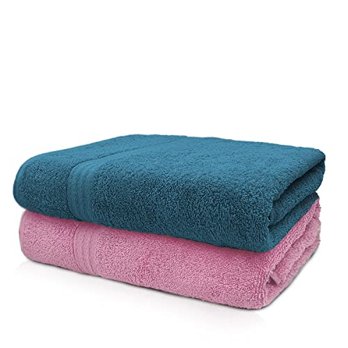 Sassoon Anatolia 100% Cotton 2 Piece Large Bath Towel 500 GSM (Pink-Teal – 60X120 cms) – Extra Soft, Quick Drying & Super Absorbent Bath Towel for Men/Women - Image 1