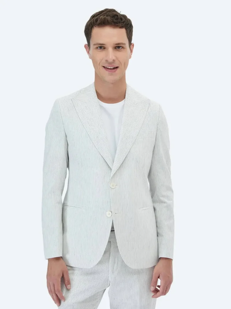 Kip Ecru Striped Slim Fit Cotton Blended Suit