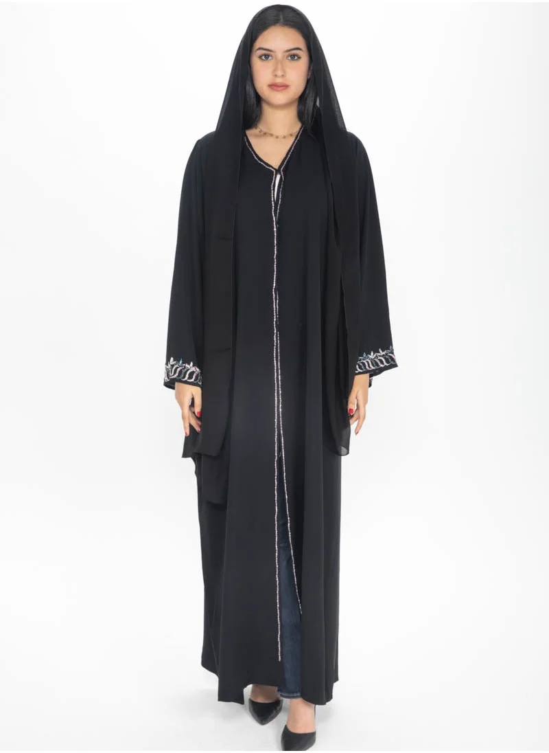 آرا Black Abaya with Beadwork along the front and hand cuffs